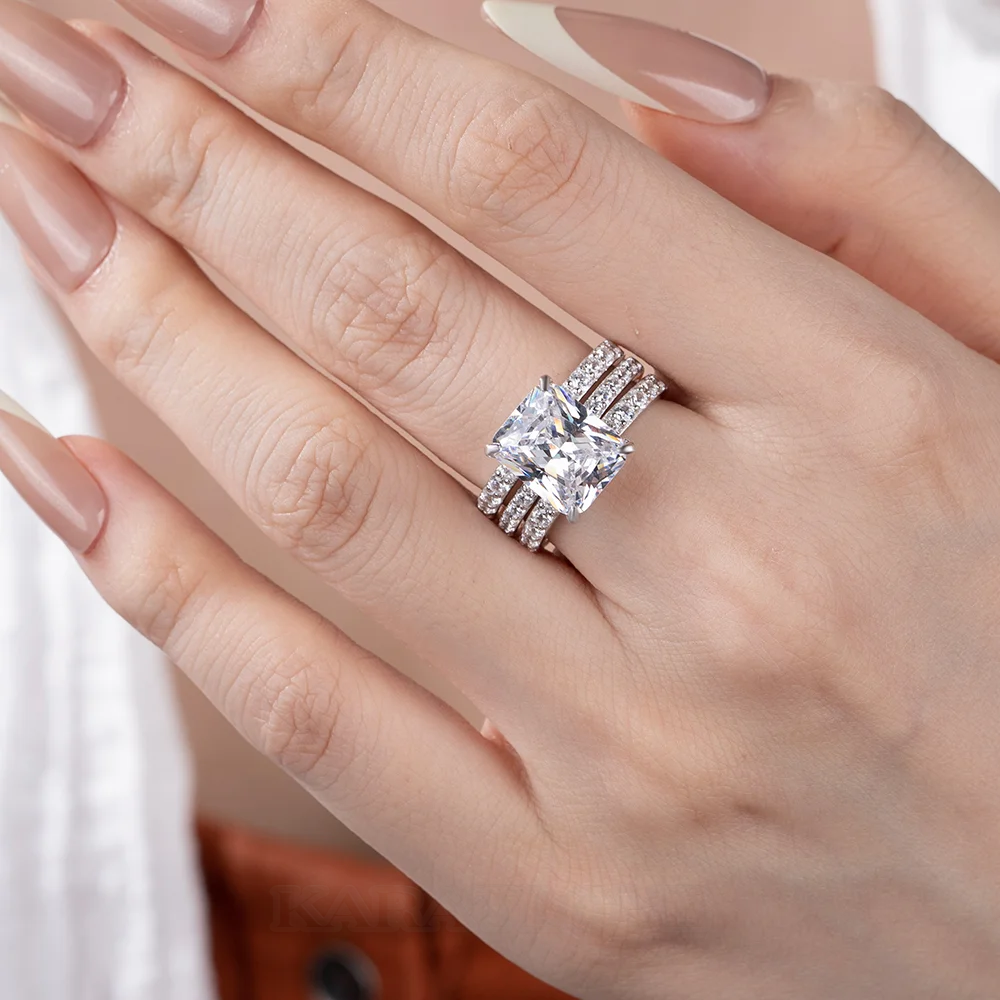 Ensemble de bague de mariage en argent sterling serti d'un halo avec diamant taille émeraude