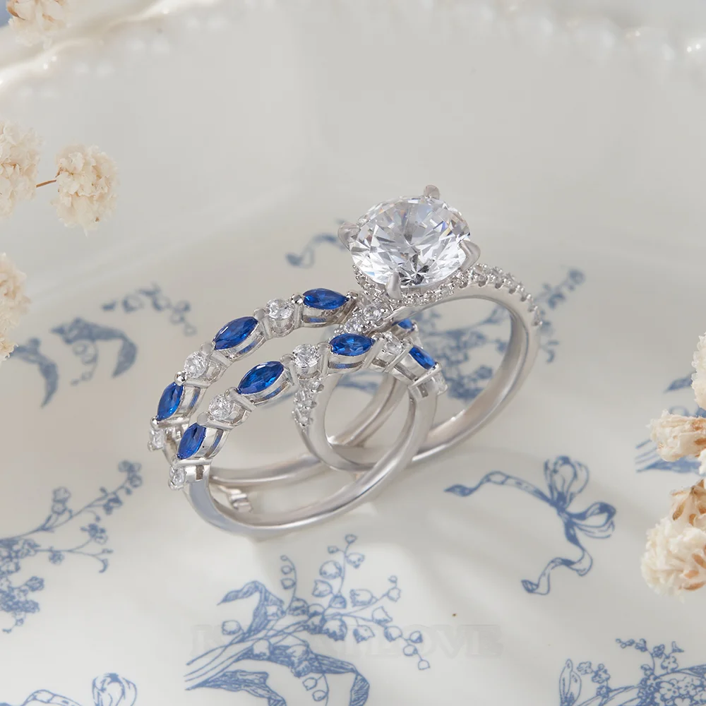 Ensemble de bague de mariage en argent sterling serti d'un halo avec diamant taille ronde