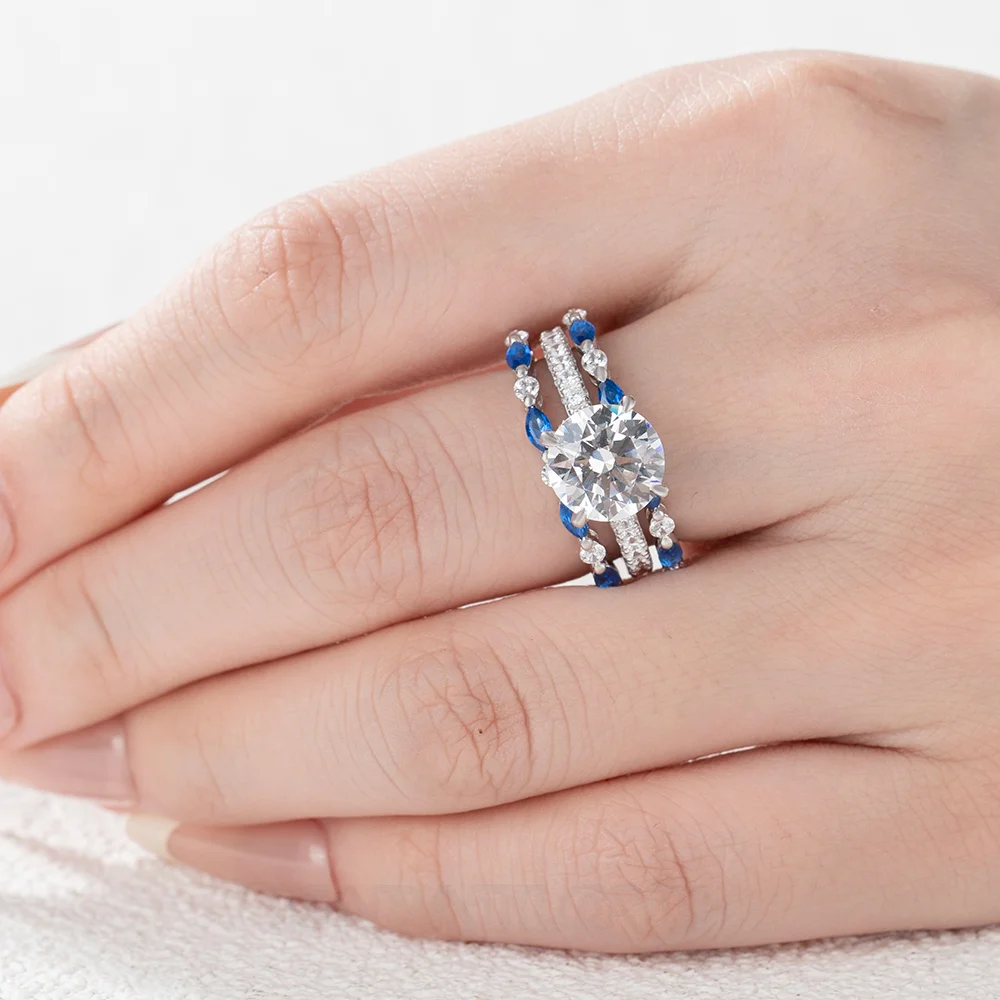 Ensemble de bague de mariage en argent sterling serti d'un halo avec diamant taille ronde