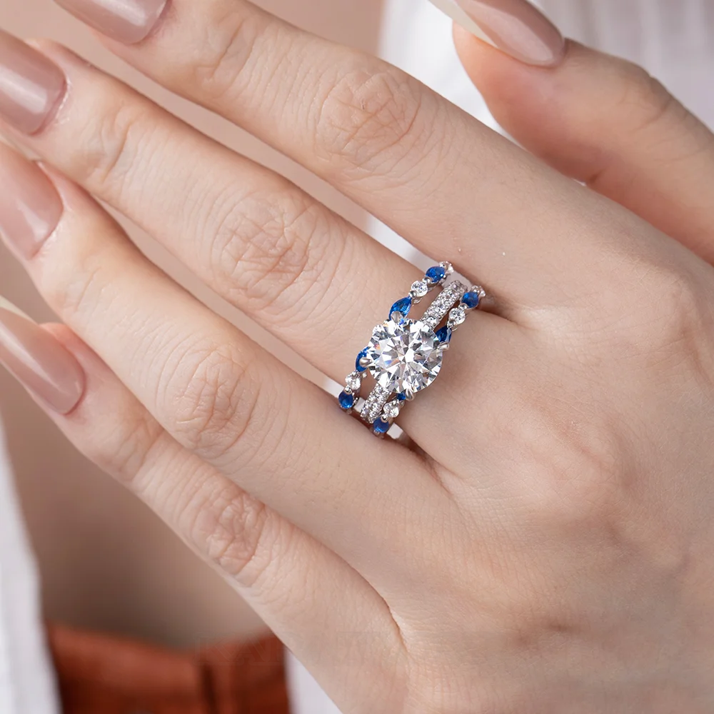 Ensemble de bague de mariage en argent sterling serti d'un halo avec diamant taille ronde