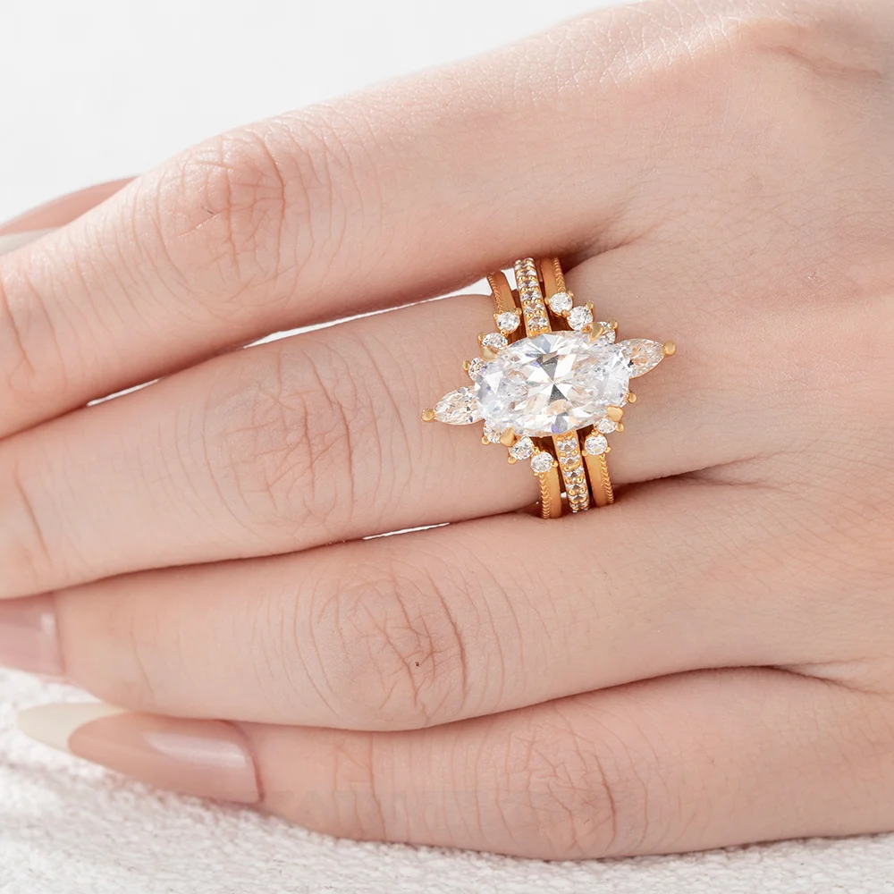 Anneau de mariage en argent sterling serti d'un halo diamant ovale en or jaune blanc