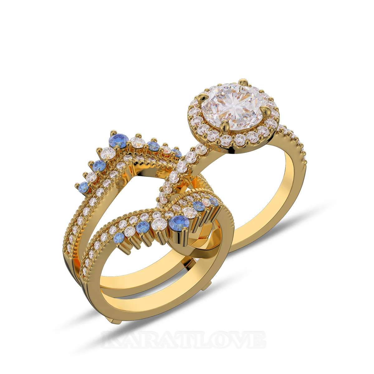 Ensemble de bague de mariage en argent sterling et or jaune d'un halo avec diamant taille ronde
