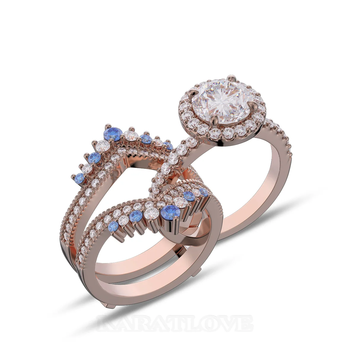 Ensemble de bague de mariage en argent sterling serti en or rose d'un halo avec diamant taille ronde