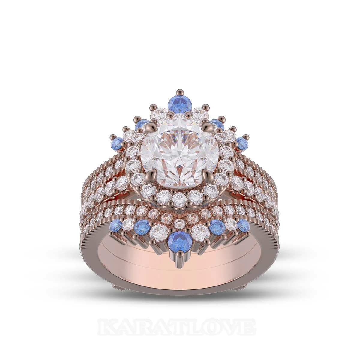 Ensemble de bague de mariage en argent sterling serti en or rose d'un halo avec diamant taille ronde