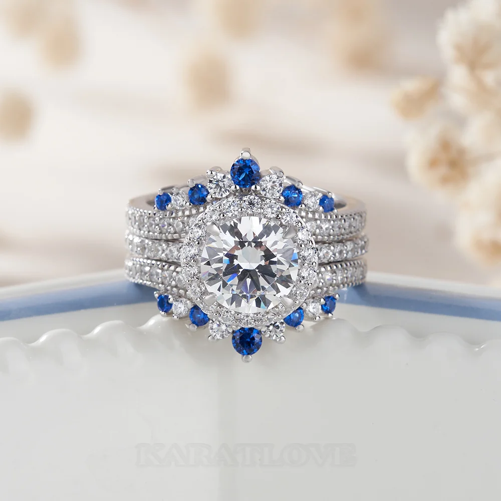Ensemble de bague de mariage en argent sterling serti d'un halo avec diamant taille ronde
