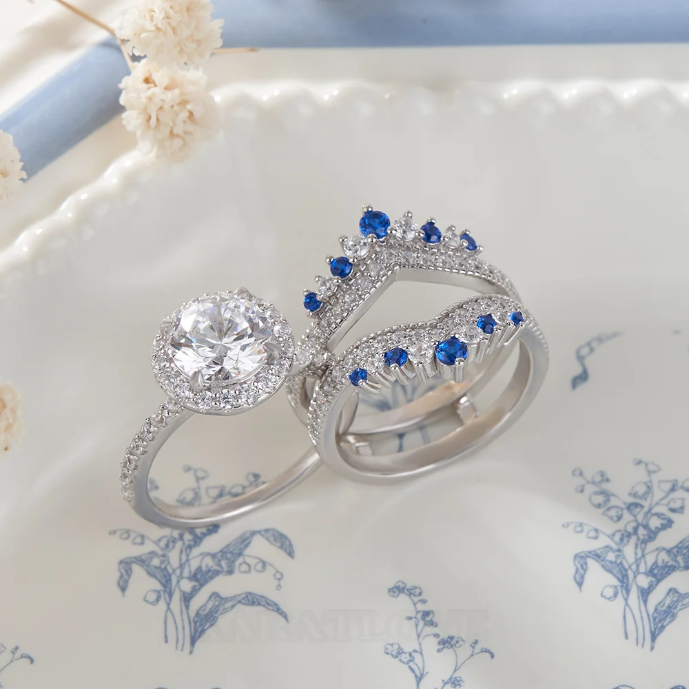 Ensemble de bague de mariage en argent sterling serti d'un halo avec diamant taille ronde