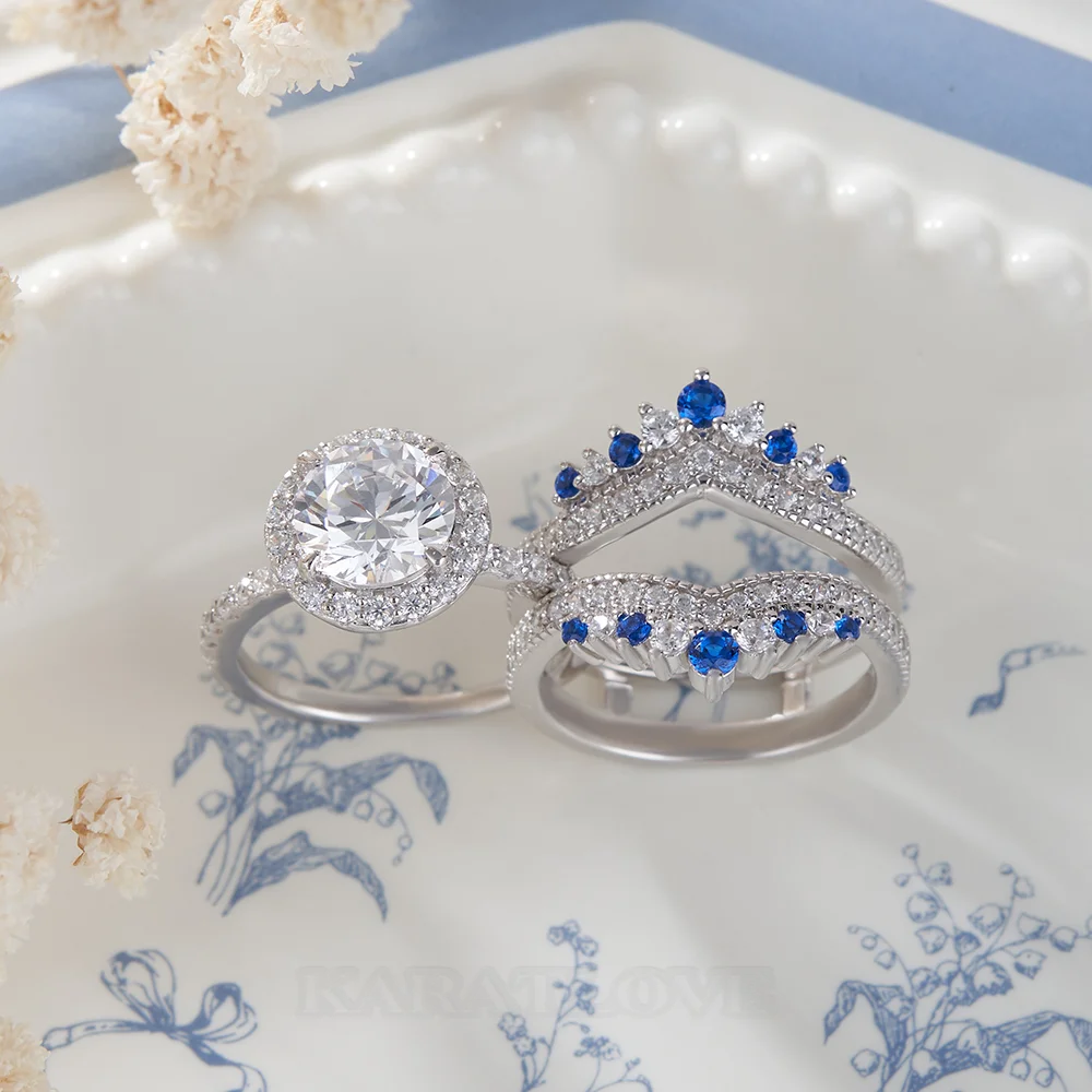 Ensemble de bague de mariage en argent sterling serti d'un halo avec diamant taille ronde
