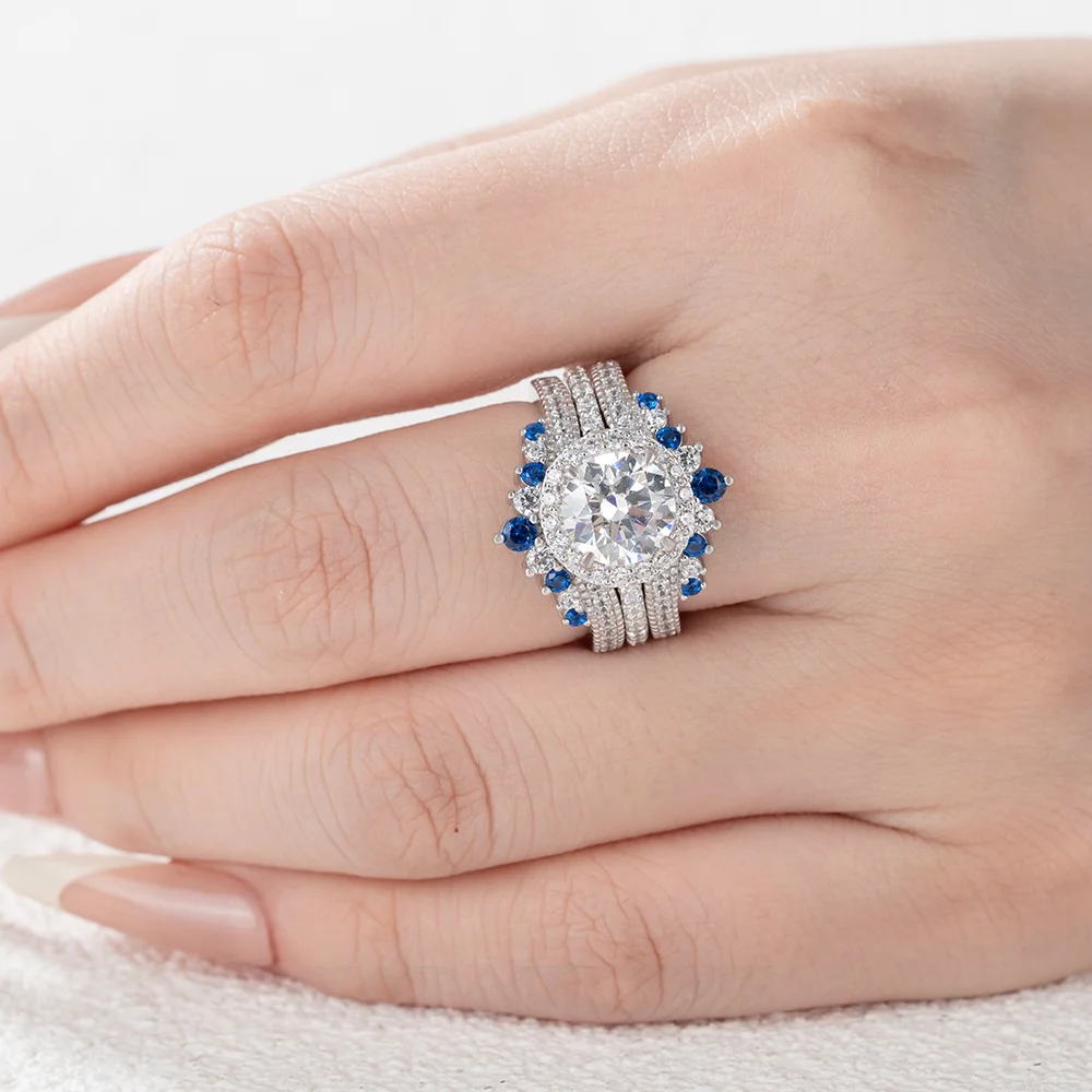 Ensemble de bague de mariage en argent sterling serti d'un halo avec diamant taille ronde