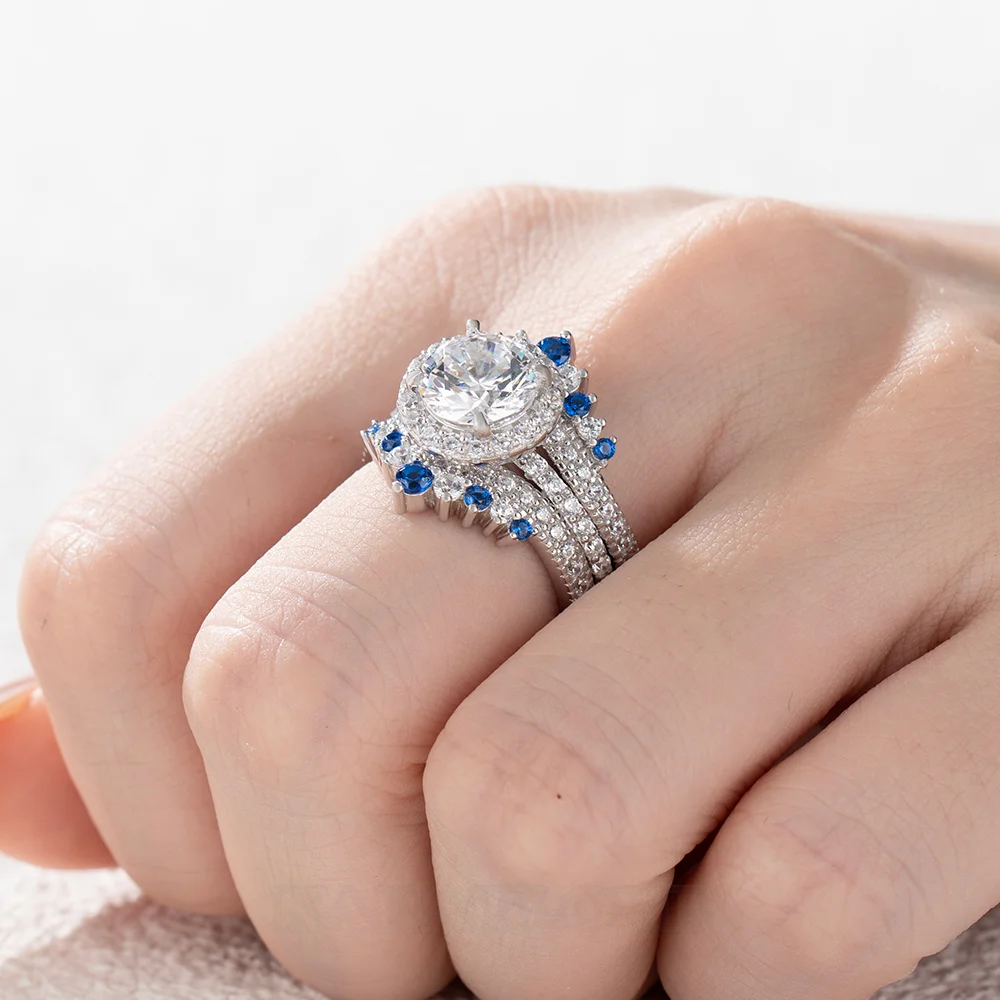 Ensemble de bague de mariage en argent sterling serti d'un halo avec diamant taille ronde