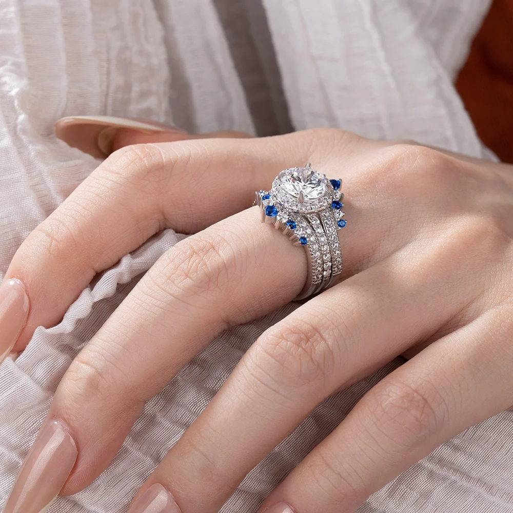 Ensemble de bague de mariage en argent sterling serti d'un halo avec diamant taille ronde