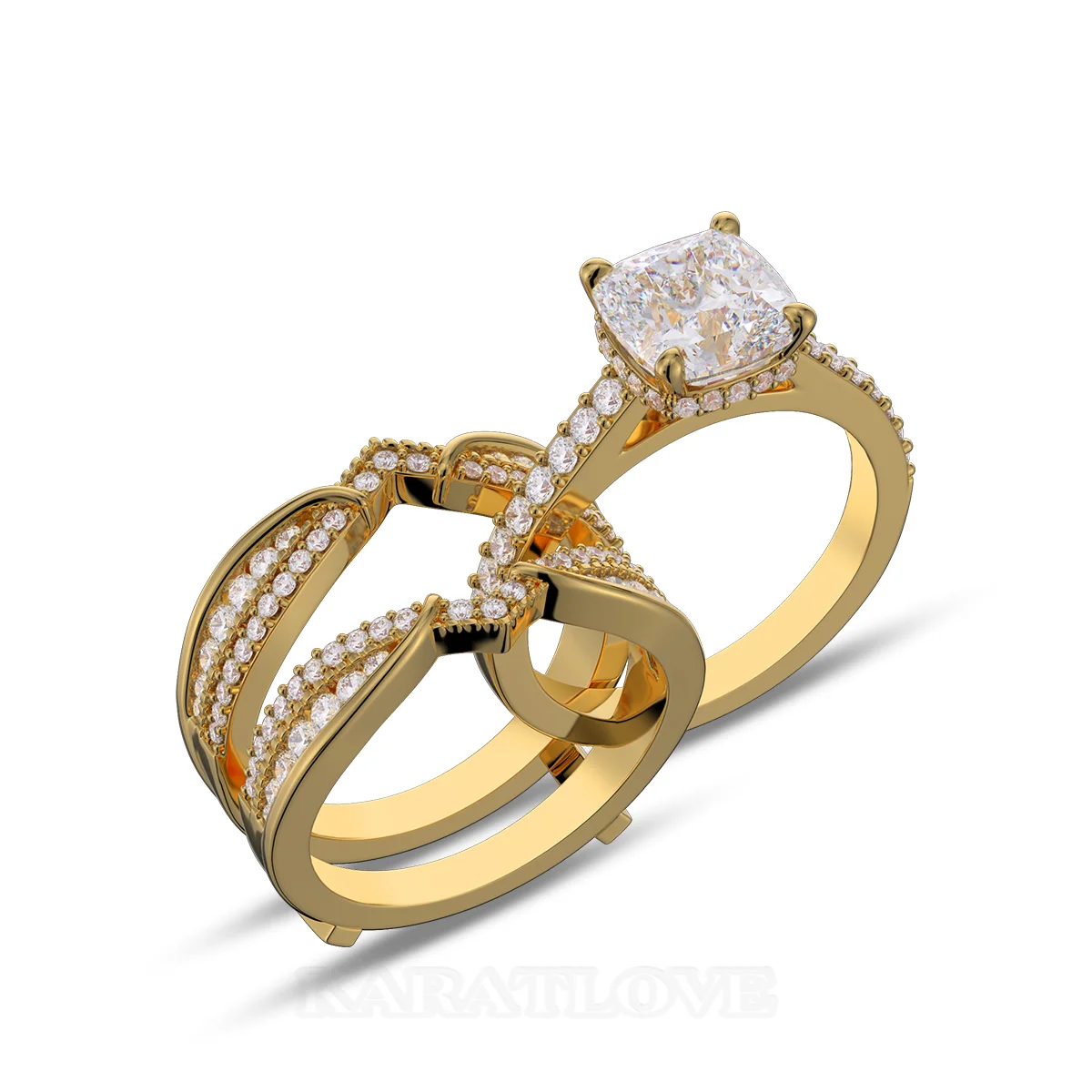 Ensemble de bague de mariage en argent sterling serti en or jaune d'un halo avec diamant taille en coussin