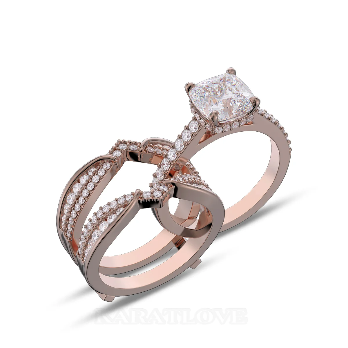 Ensemble de bague de mariage en argent sterling serti en or rose d'un halo avec diamant taille en coussin