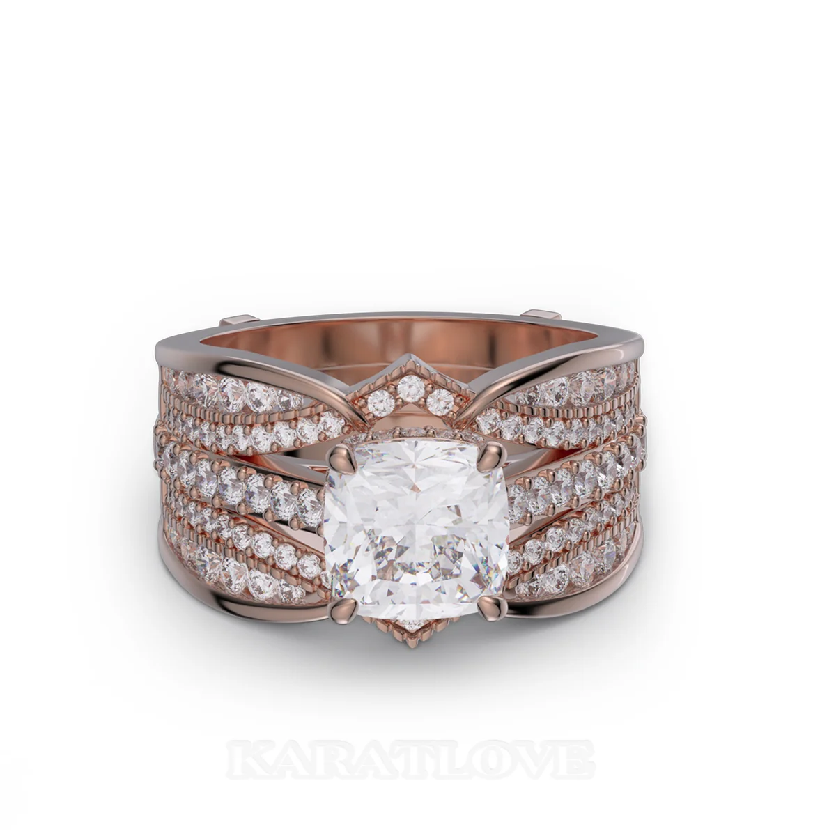 Ensemble de bague de mariage en argent sterling serti en or rose d'un halo avec diamant taille en coussin