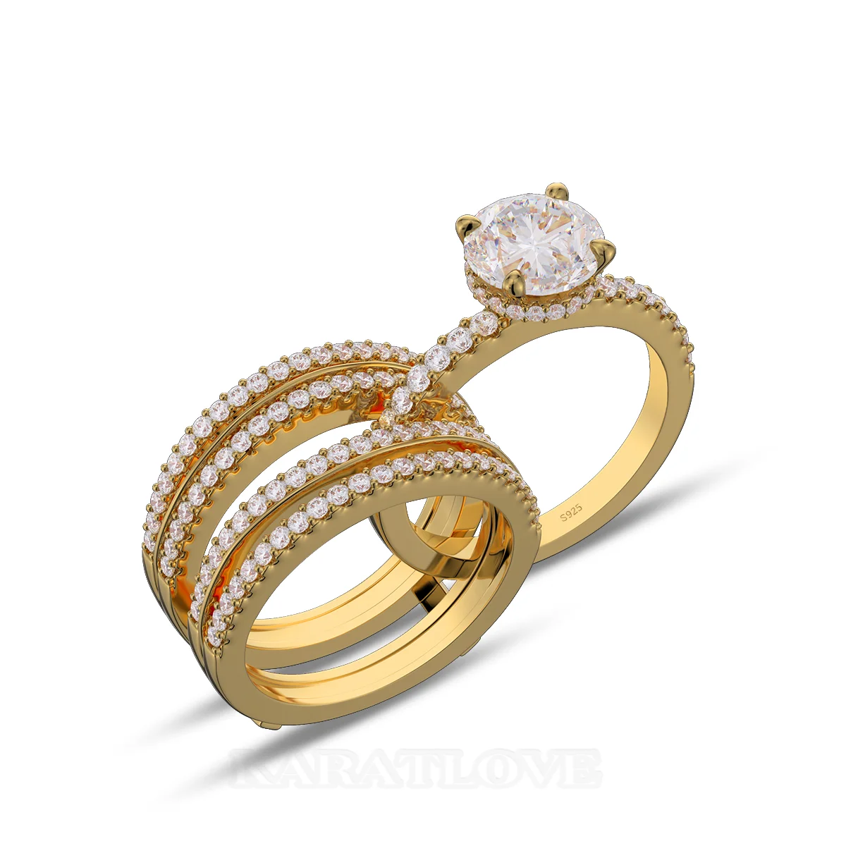 Ensemble de bague de mariage en argent sterling serti en or jaune d'un halo avec diamant taille ronde