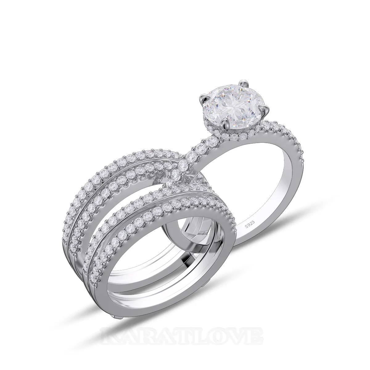 Ensemble de bague de mariage en argent sterling serti d'un halo avec diamant taille ronde