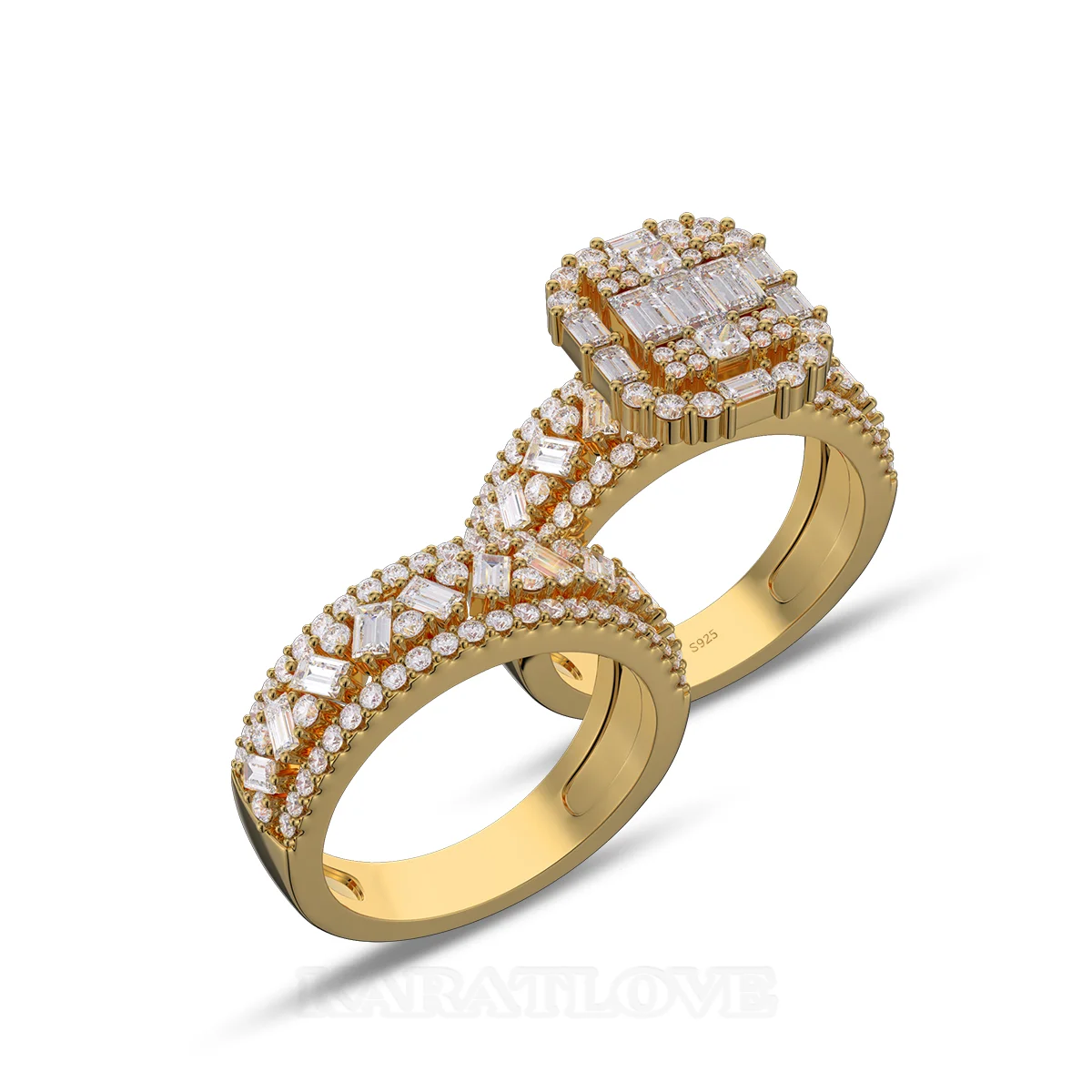 Ensemble de bague de mariage en argent sterling et or jaune serties de diamants taille émeraude
