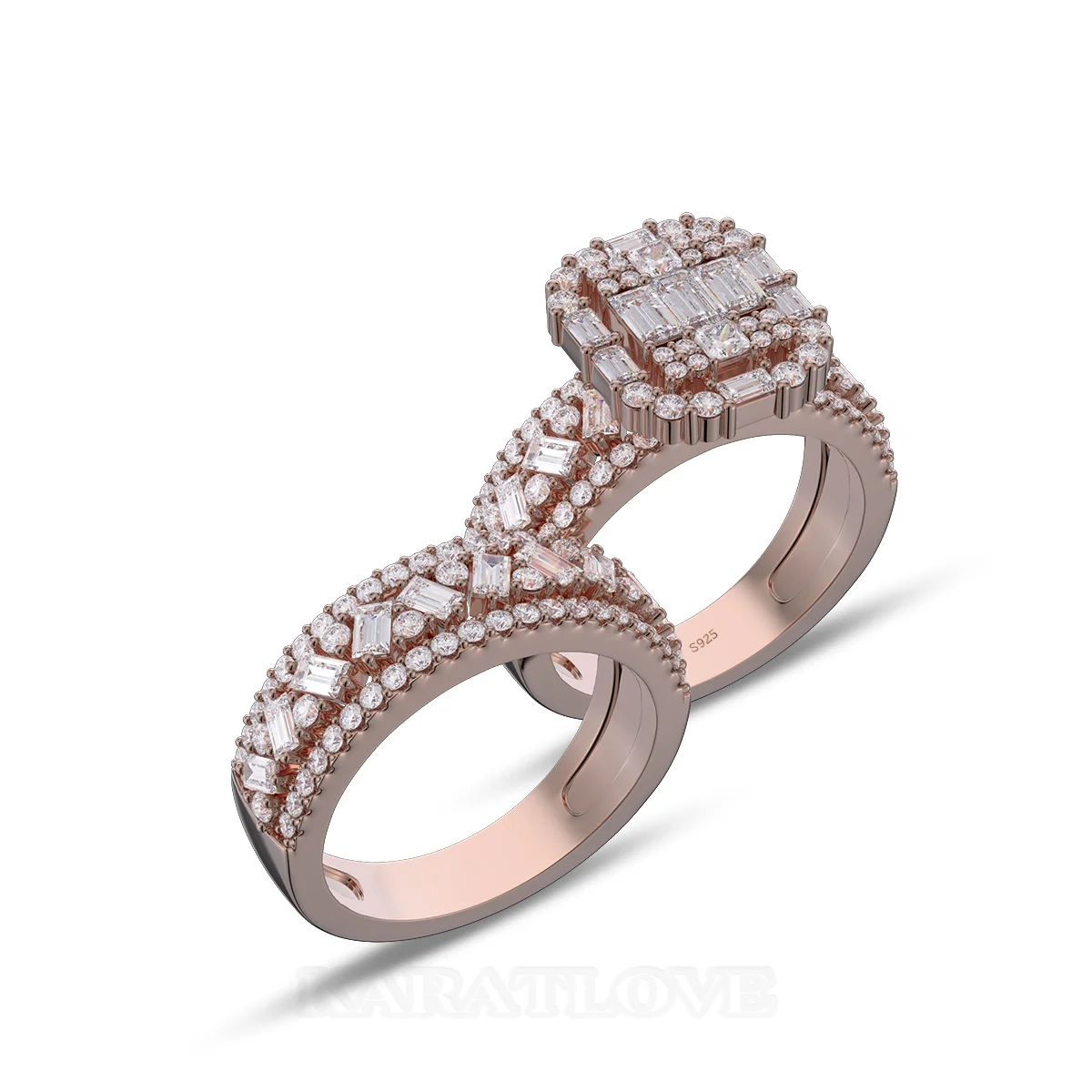 Ensemble de bague de mariage en argent sterling et or rose serties de diamants taille émeraude
