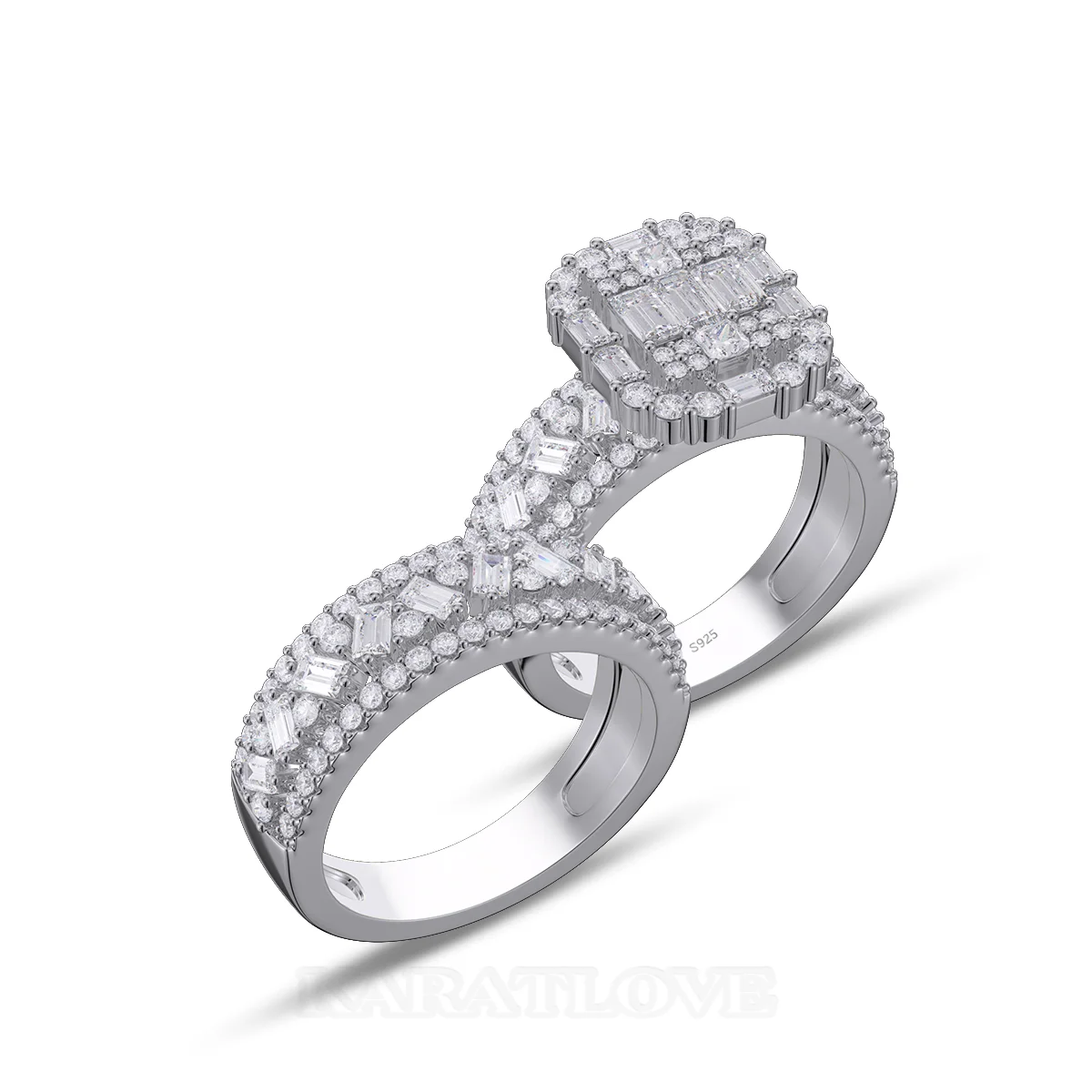Ensemble de bague de mariage en argent sterling blanc serties de diamants taille émeraude