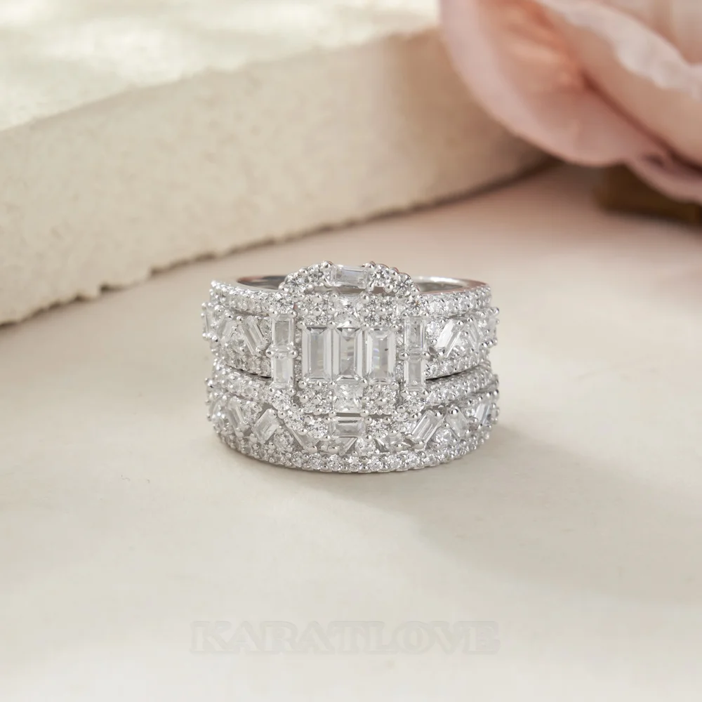 Ensemble de bague de mariage en argent sterling blanc serties de diamants taille émeraude