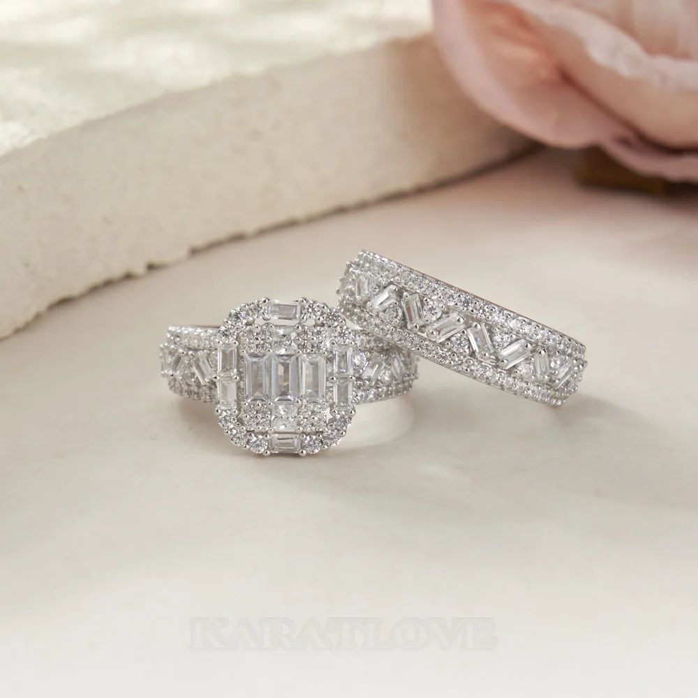 Ensemble de bague de mariage en argent sterling blanc serties de diamants taille émeraude