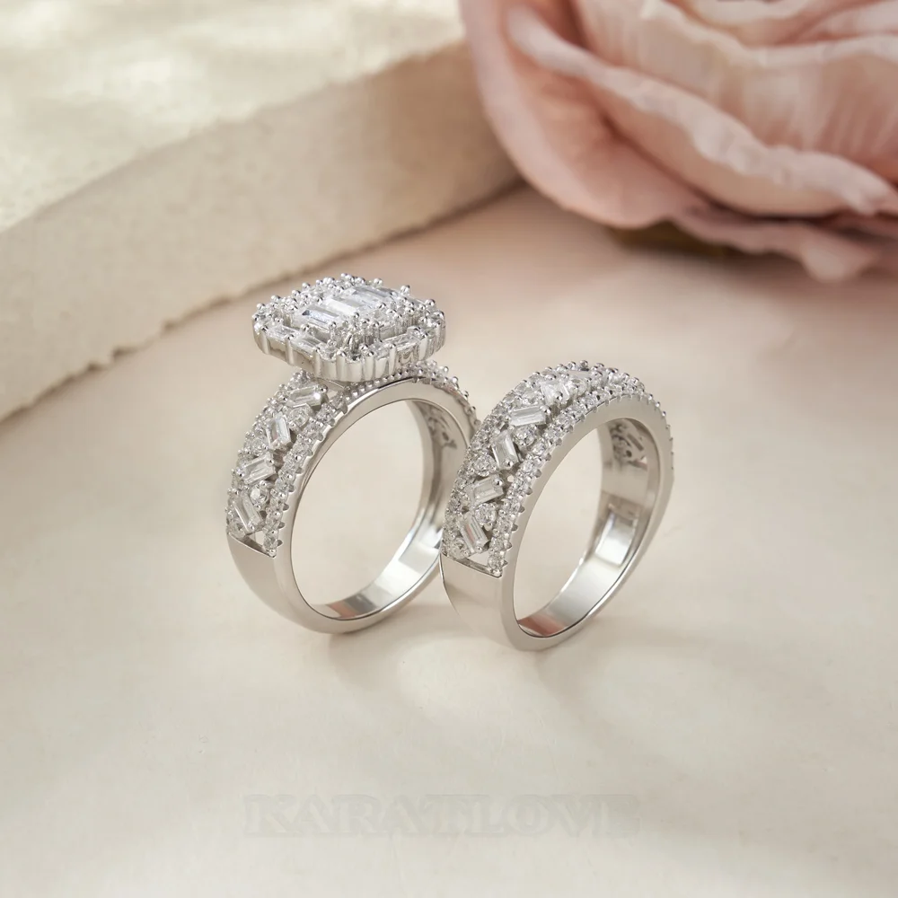 Ensemble de bague de mariage en argent sterling blanc serties de diamants taille émeraude