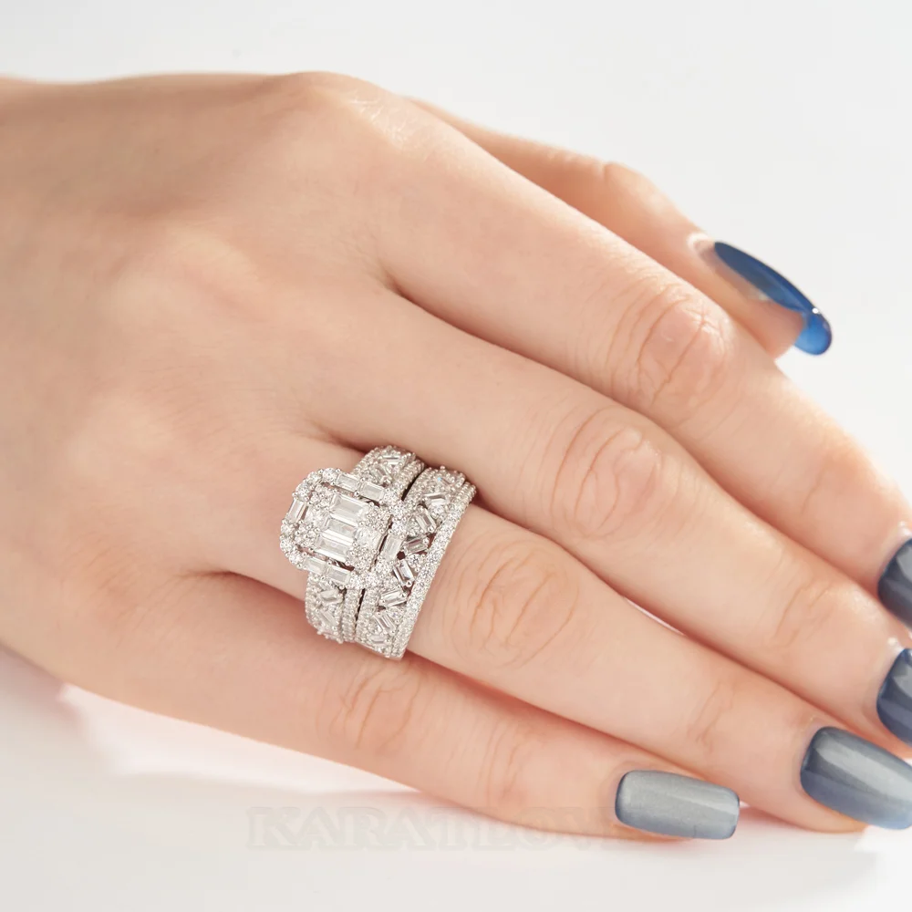 Ensemble de bague de mariage en argent sterling blanc serties de diamants taille émeraude