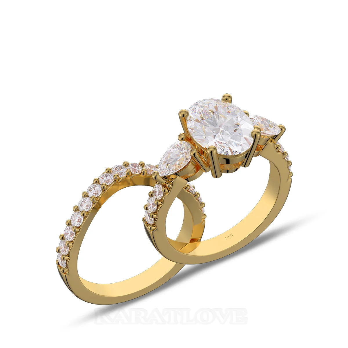 Ensemble de bague de mariage en argent sterling en or jaune avec diamant taille ovale