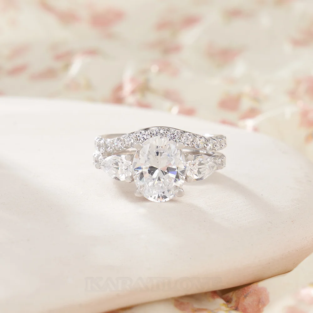 Ensemble de bague de mariage en argent sterling blanc avec diamant taille ovale