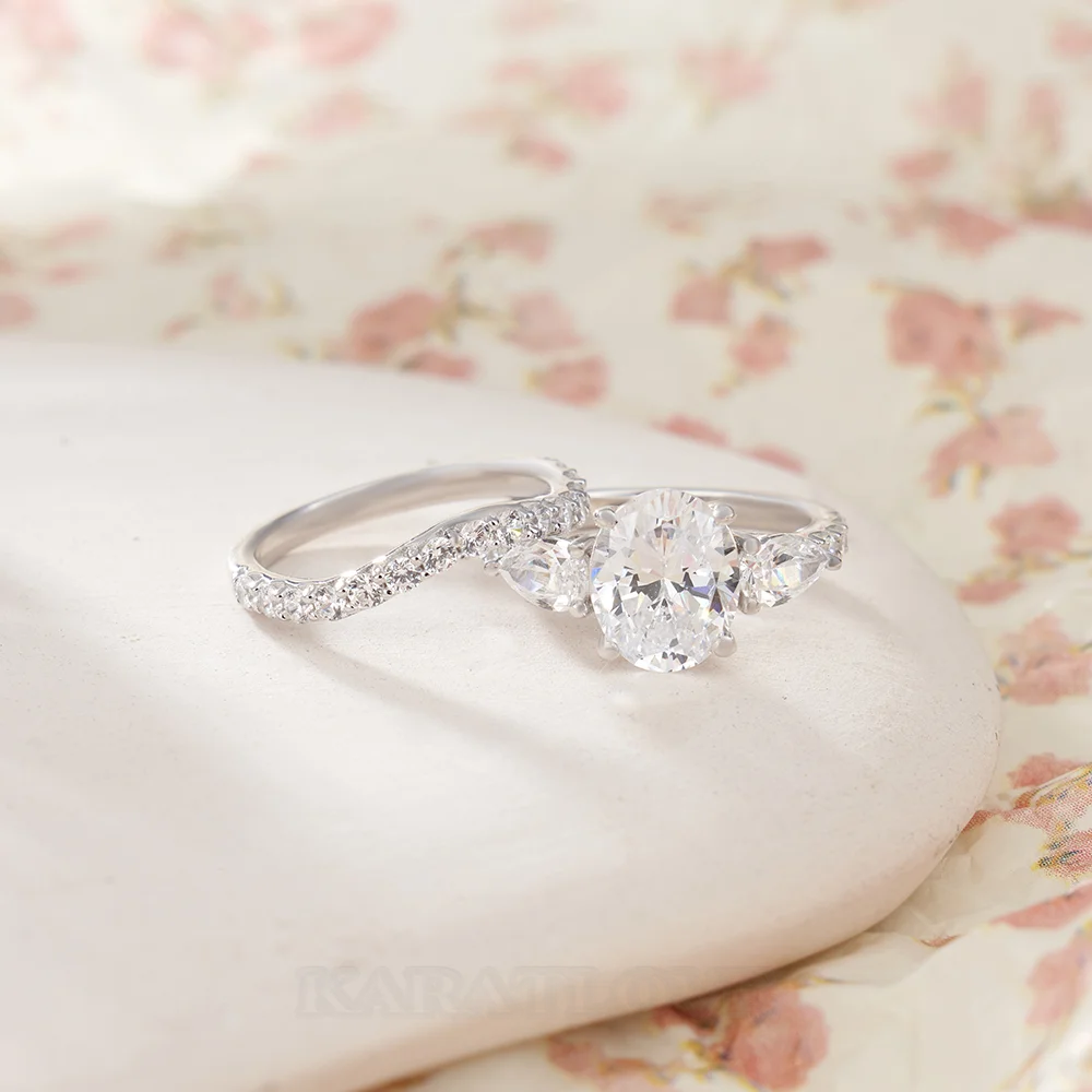 Ensemble de bague de mariage en argent sterling blanc avec diamant taille ovale