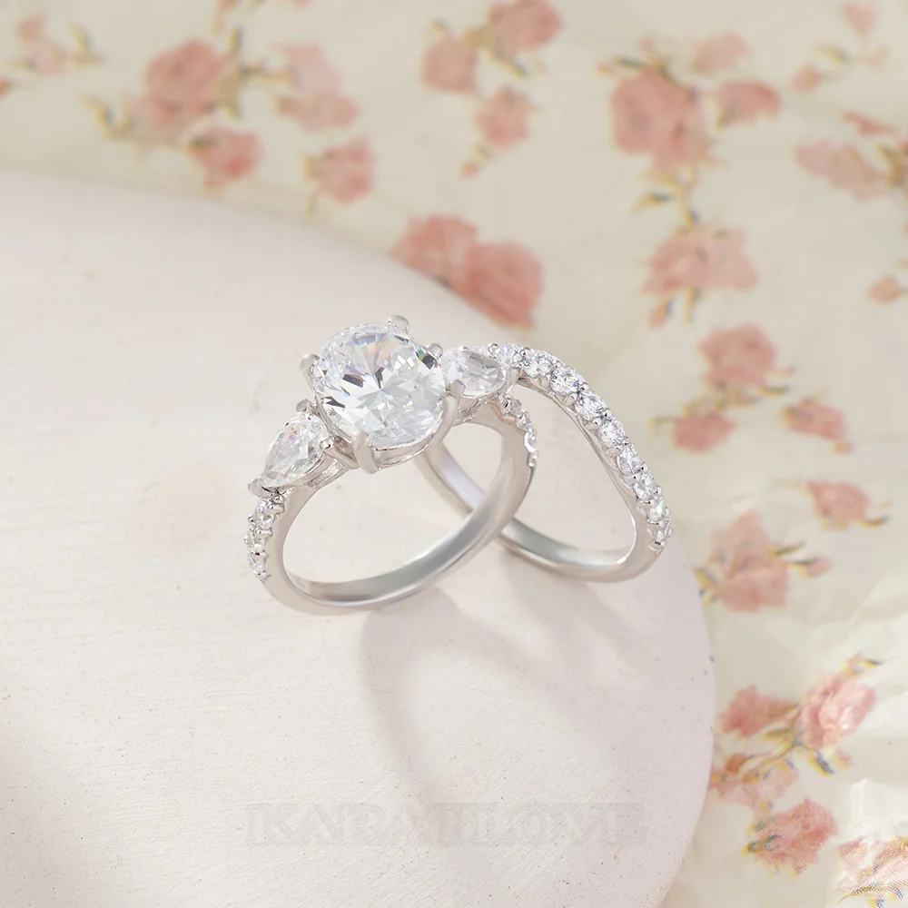 Ensemble de bague de mariage en argent sterling blanc avec diamant taille ovale