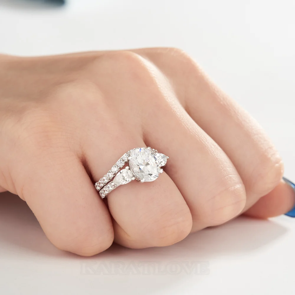 Ensemble de bague de mariage en argent sterling blanc avec diamant taille ovale