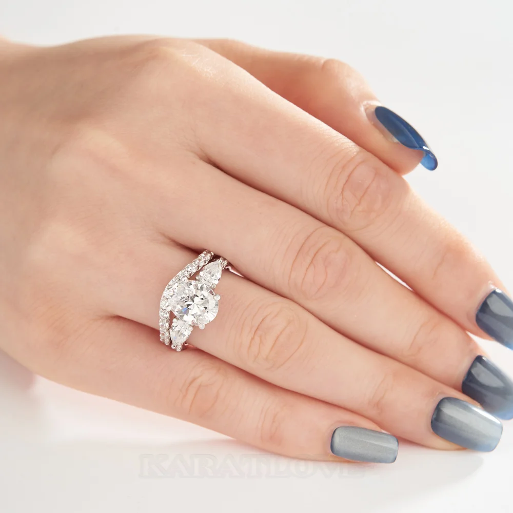Ensemble de bague de mariage en argent sterling blanc avec diamant taille ovale