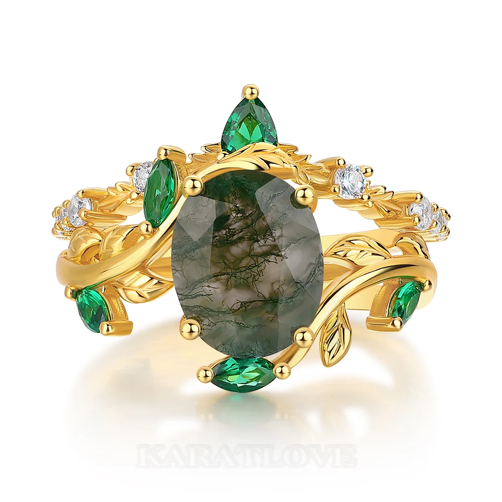 Ensemble de bague de mariage en argent sterling en or jaune avec orné d'agate mousse verte taille ovale