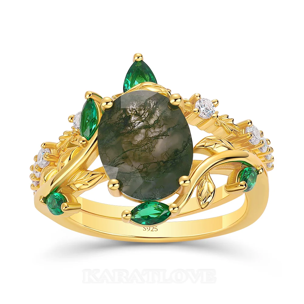Ensemble de bague de mariage en argent sterling en or jaune avec orné d'agate mousse verte taille ovale