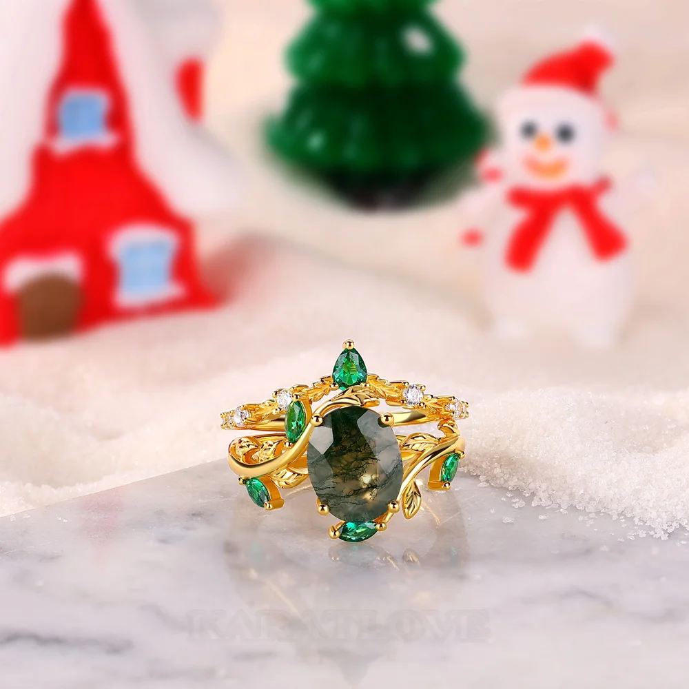 Ensemble de bague de mariage en argent sterling en or jaune avec orné d'agate mousse verte taille ovale