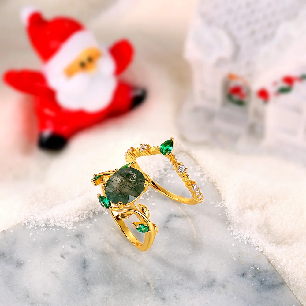 Ensemble de bague de mariage en argent sterling en or jaune avec orné d'agate mousse verte taille ovale