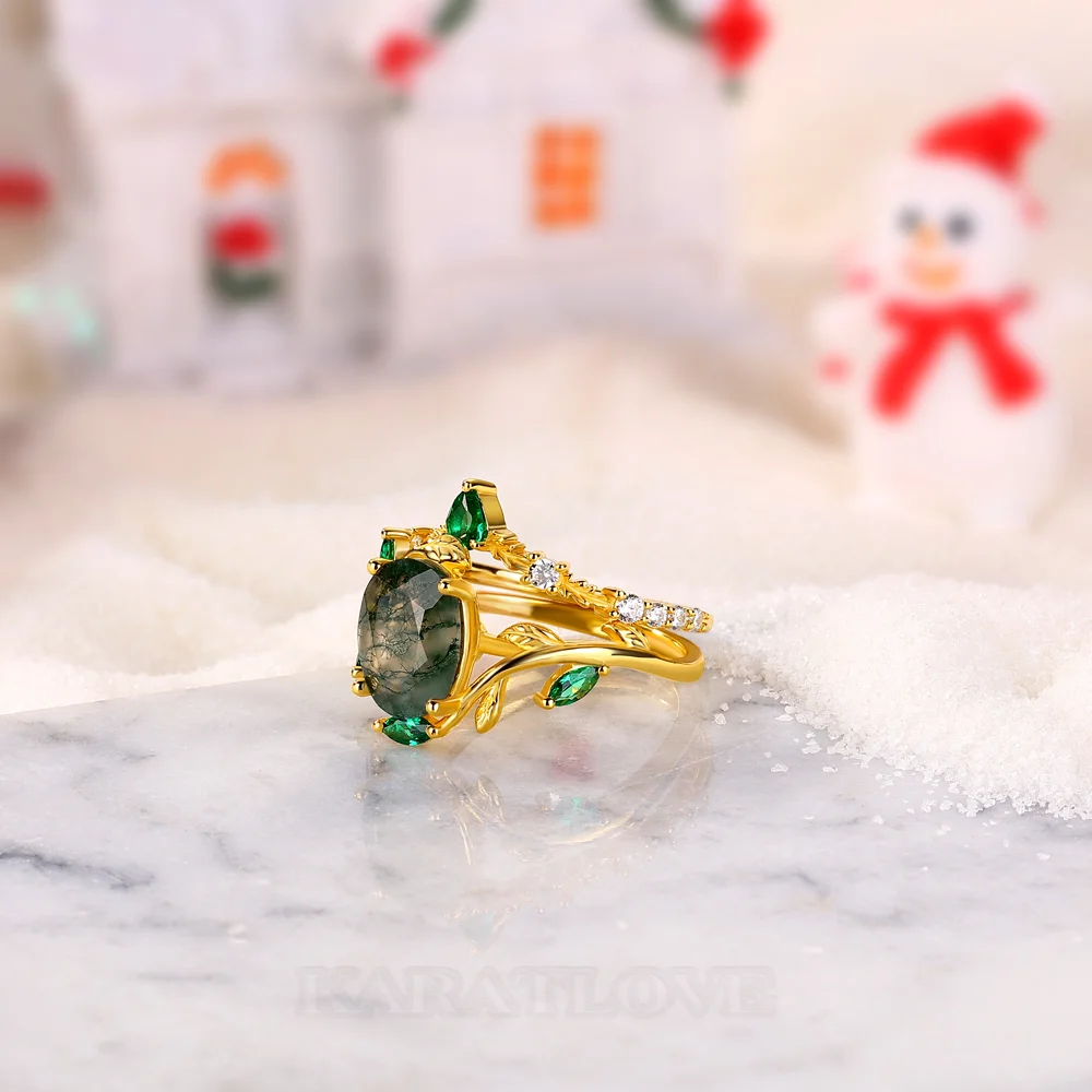 Ensemble de bague de mariage en argent sterling en or jaune avec orné d'agate mousse verte taille ovale