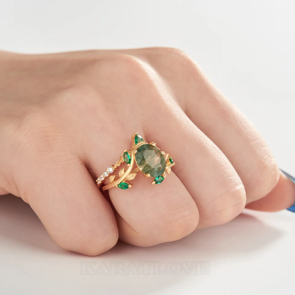 Ensemble de bague de mariage en argent sterling en or jaune avec orné d'agate mousse verte taille ovale