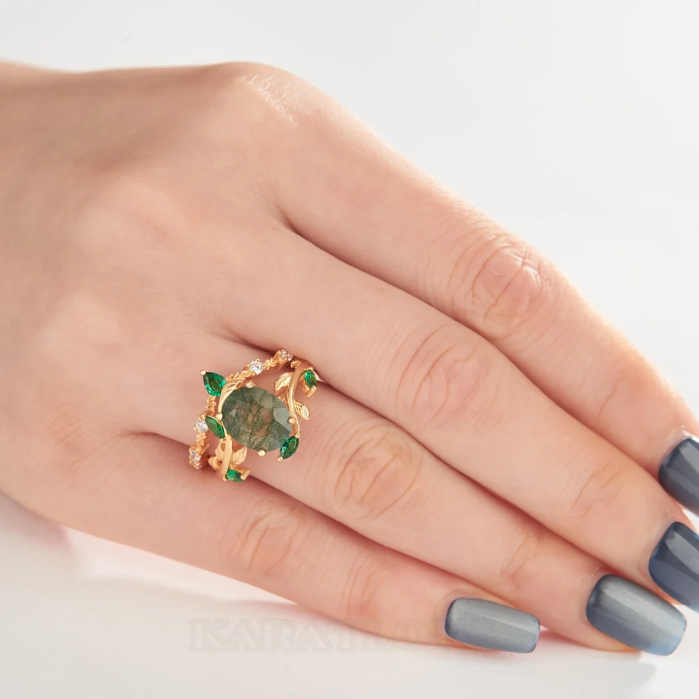 Ensemble de bague de mariage en argent sterling en or jaune avec orné d'agate mousse verte taille ovale