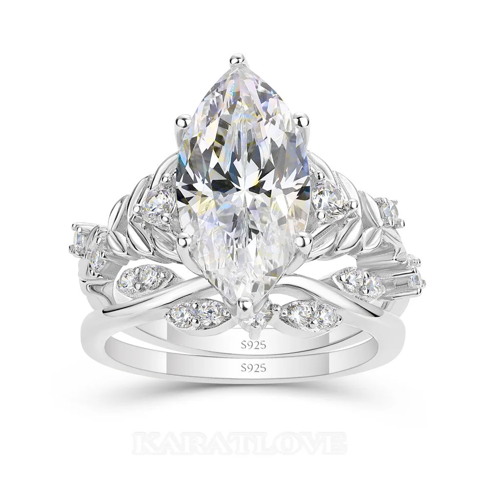Ensembles de bagues de fiançailles Art Déco en argent sterling blanc et diamants taille marquise
