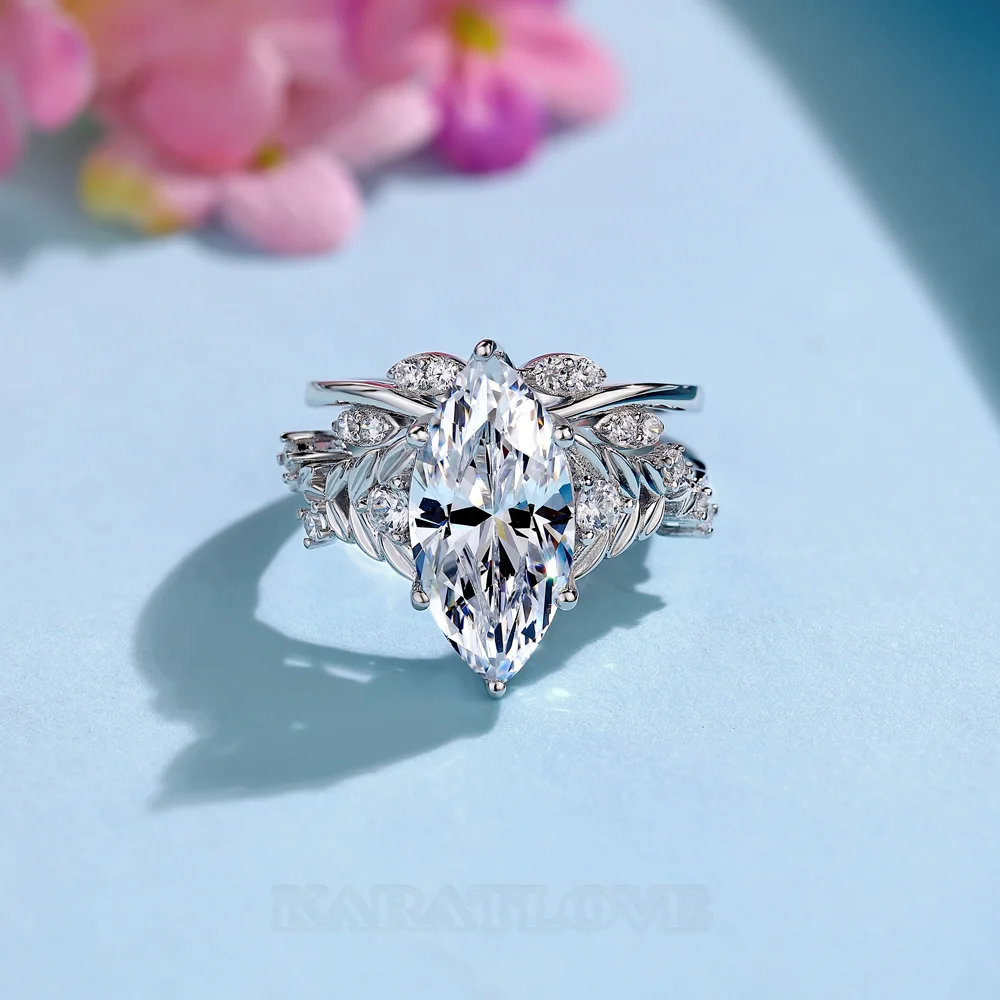 Ensembles de bagues de fiançailles Art Déco en argent sterling blanc et diamants taille marquise