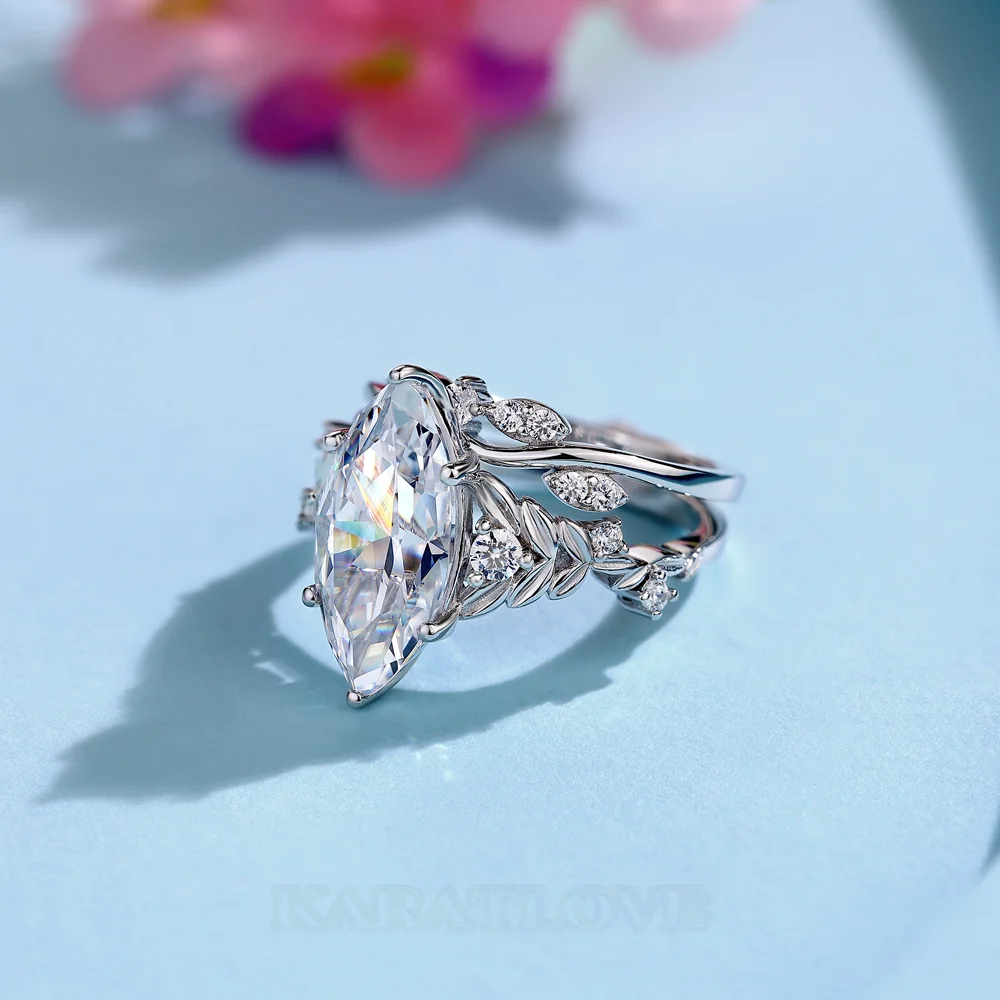 Ensembles de bagues de fiançailles Art Déco en argent sterling blanc et diamants taille marquise