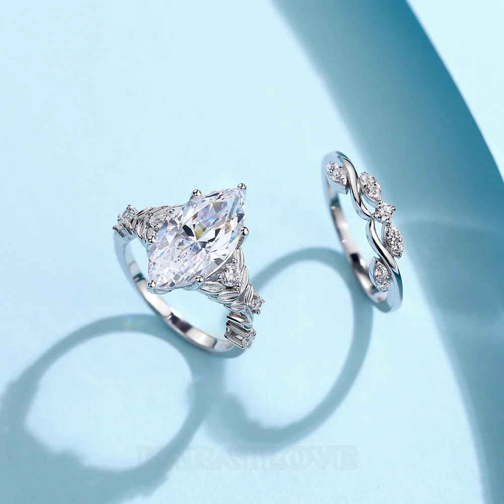 Ensembles de bagues de fiançailles Art Déco en argent sterling blanc et diamants taille marquise