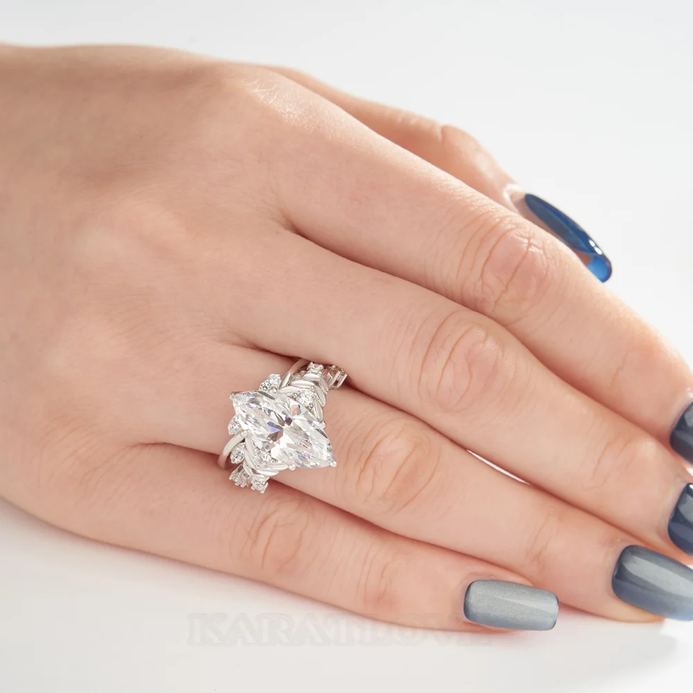 Ensembles de bagues de fiançailles Art Déco en argent sterling blanc et diamants taille marquise