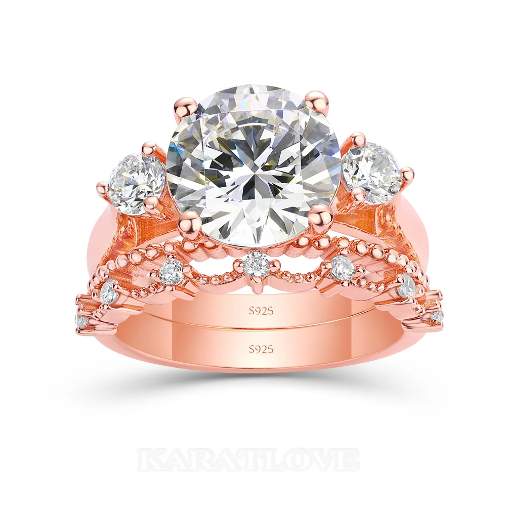 Ensembles de bagues de fiançailles à trois pierres en argent sterling blanc et or rose avec diamant taille ronde