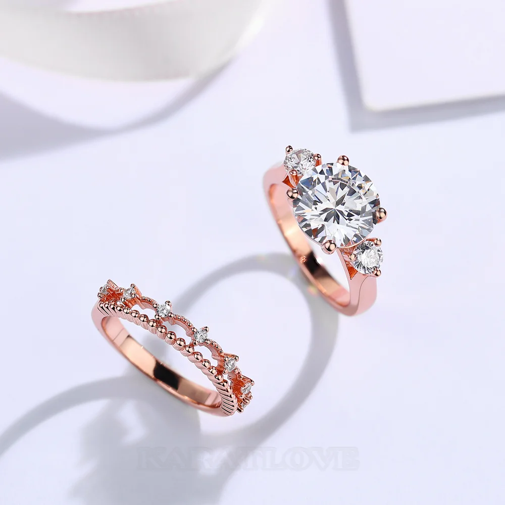 Ensembles de bagues de fiançailles à trois pierres en argent sterling blanc et or rose avec diamant taille ronde