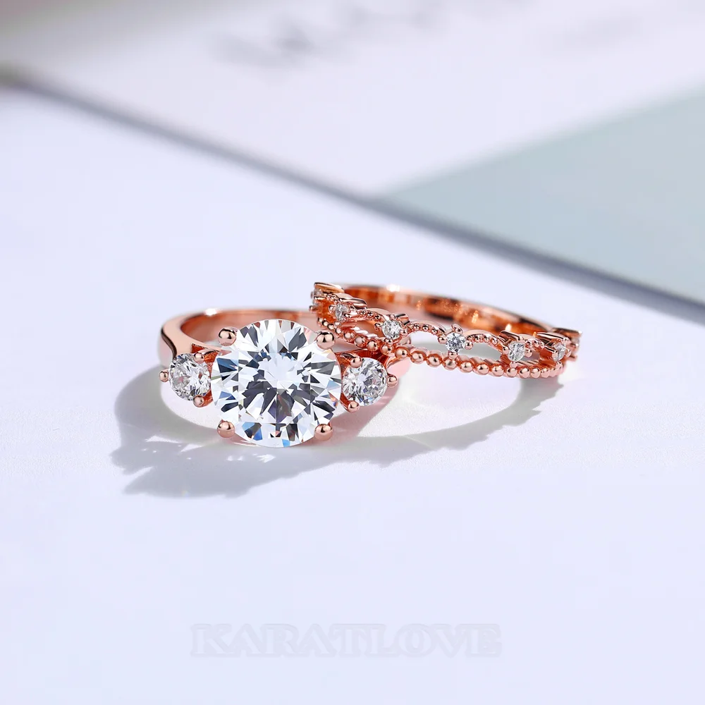 Ensembles de bagues de fiançailles à trois pierres en argent sterling blanc et or rose avec diamant taille ronde