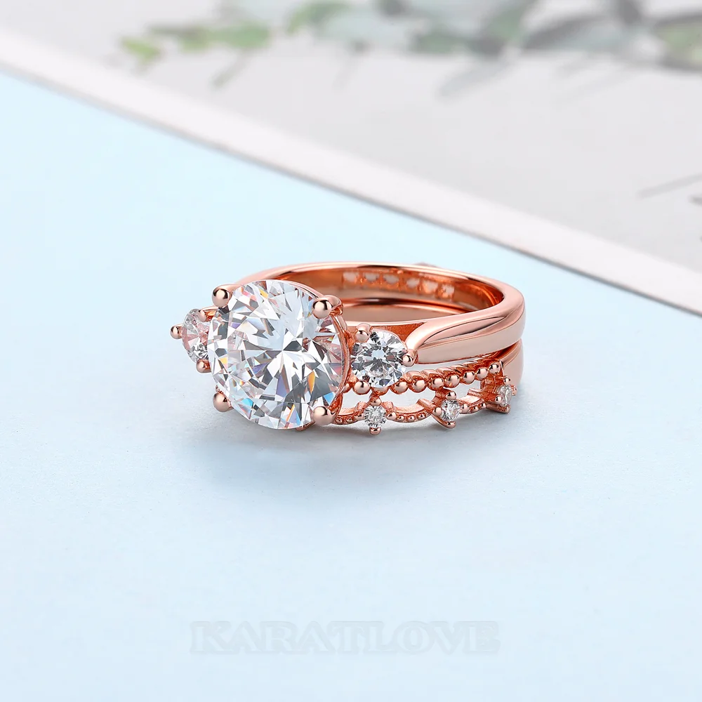 Ensembles de bagues de fiançailles à trois pierres en argent sterling blanc et or rose avec diamant taille ronde