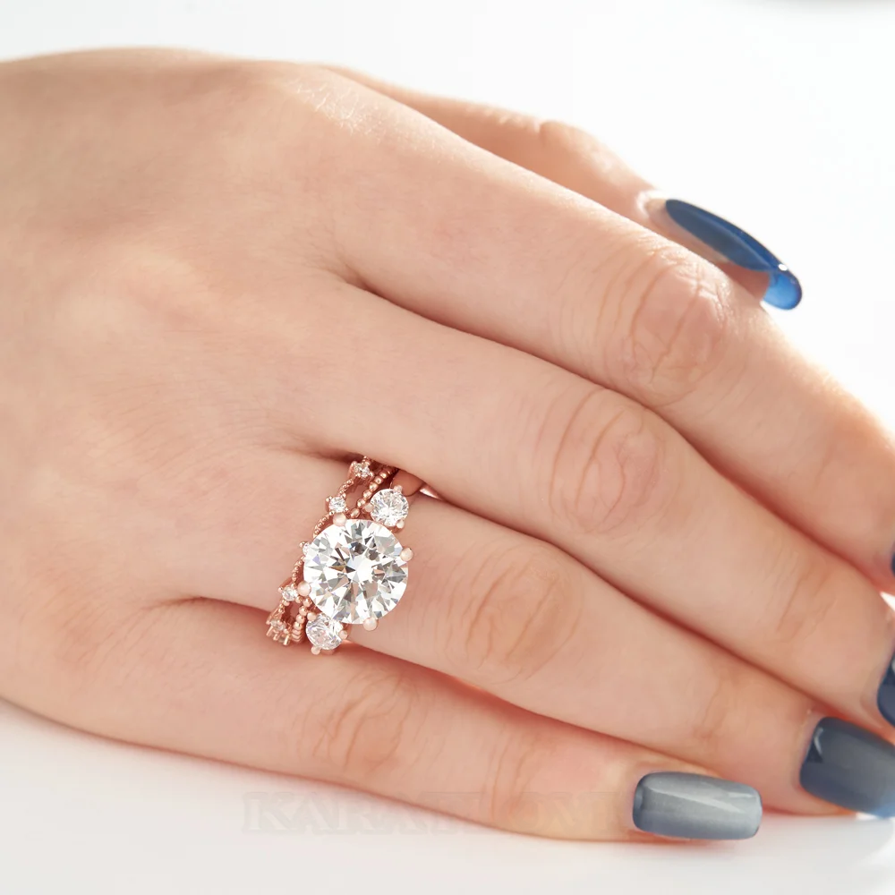 Ensembles de bagues de fiançailles à trois pierres en argent sterling blanc et or rose avec diamant taille ronde
