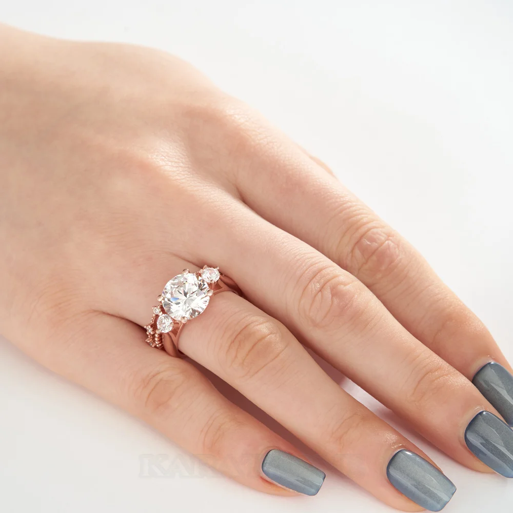 Ensembles de bagues de fiançailles à trois pierres en argent sterling blanc et or rose avec diamant taille ronde